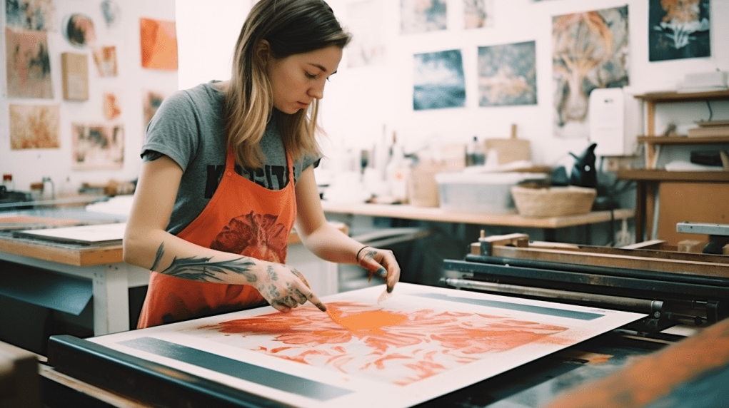 Young woman screenprinting in the workshop