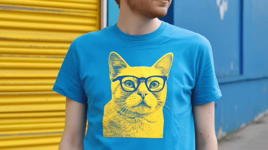 Screenprint of a smart cat in yellow on blue shirt
