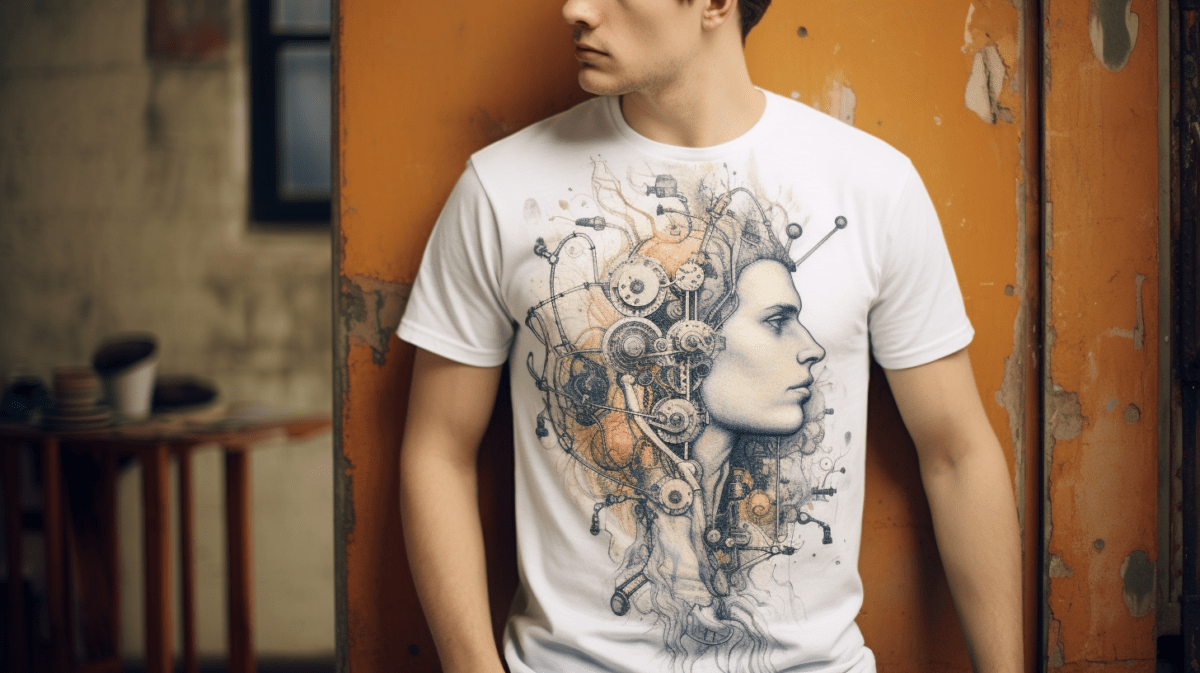 screenprinted white t-shirt with colorful mechanical head illustration